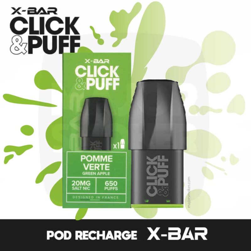 Pod-pomme-verte-xbar-click-and-puff-majorsmoker.com puff rechargeable, cigarette réutilisable, e-cig rechargeable, xbar rechargeable, x-bar réutilisable, xbar responsable, puff responsable, xbar puff, xbar, bo xbar, xbar sans nicotines, puff xbar, xbar pomme verte pod, recharge xbar pomme verte, pod click & puff greeen apple
