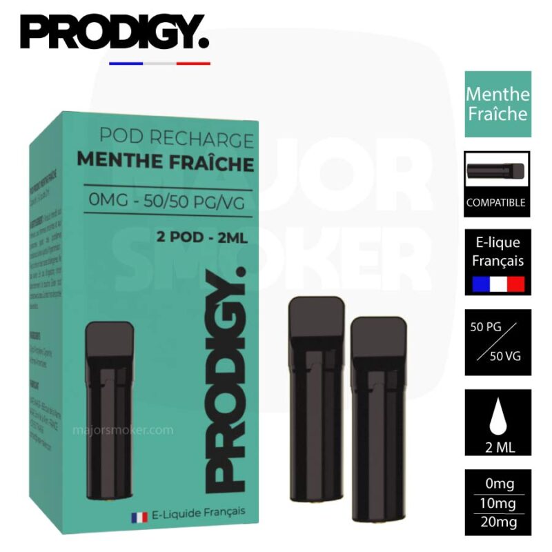Pod-x2-prodigy-compatible-elfbar-Menthe-Fraiche-majorsmoker Prodigy menthe, Recharge prodigy menthe fraiche, Pod prodigy menthe fraiche, Prodigy vape, Capsule prodigy, Pods préremplis prodigy