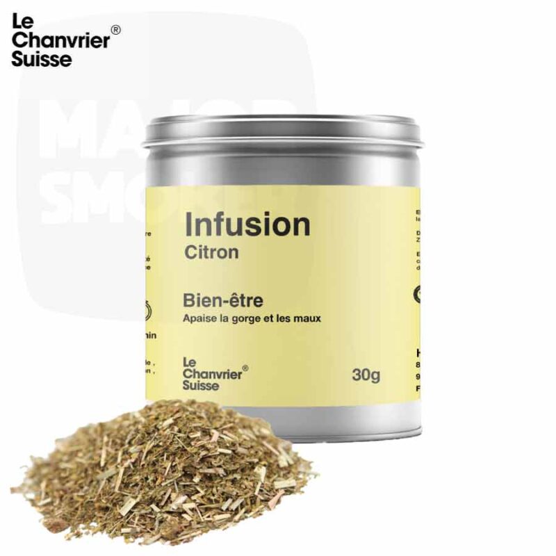 infusion-le-chanvier-Suisse-CITRON-Chanvre-CBD-bien-etre-majorsmoker.com infusion CBD, maté CBD, bienfaits du CBD, chanvre, tisane CBD, the cbd, CBD tisane, tisane au CBD, cbd infusion, le chanvrier suisse, chanvrier suisse, CBD, cbd