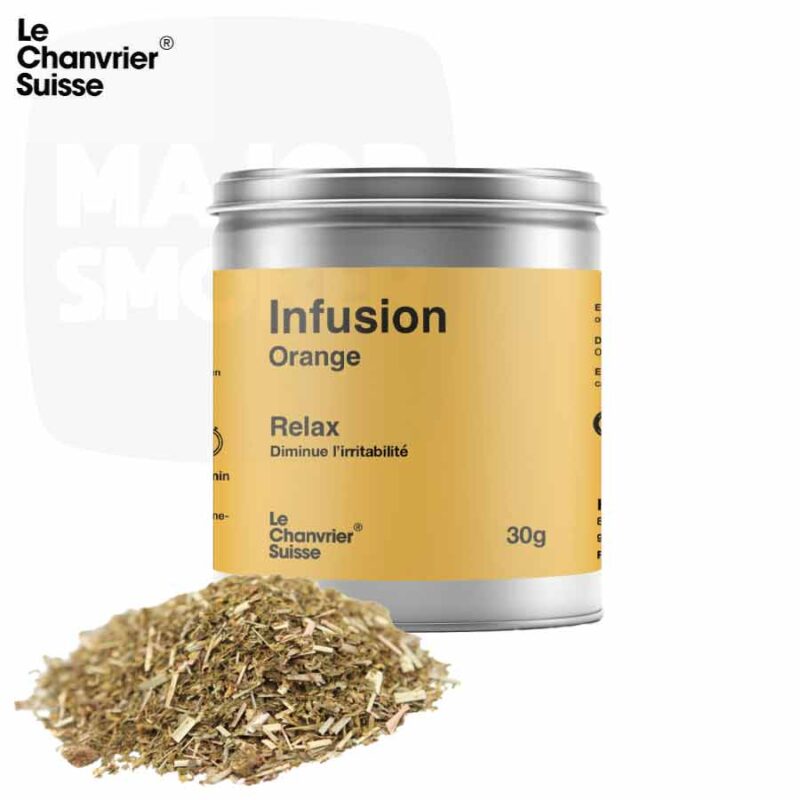 infusion-le-chanvier-Suisse-ORANGE-Chanvre-CBD-Relax-majorsmoker.com infusion CBD, maté CBD, bienfaits du CBD, chanvre, tisane CBD, the cbd, CBD tisane, tisane au CBD, cbd infusion, le chanvrier suisse, chanvrier suisse, CBD, cbd, orange, cbd orange, orange cbd, infusion orange cbd