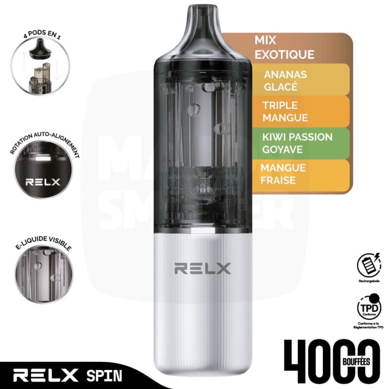 Stater Kit RELX Spin, puff rechargeable 4 en 1 RELX, RELX Spin, RELX 4 en 1, RELX Spin 4en1, RELX Spin Mix Exotique, vape spin,