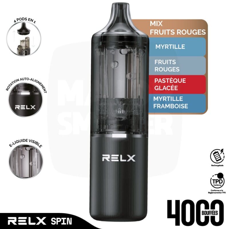 Stater Kit RELX Spin, puff rechargeable 4 en 1 RELX, RELX Spin, RELX 4 en 1, RELX Spin 4en1, RELX Spin Mix fruits rouges, vape spin,