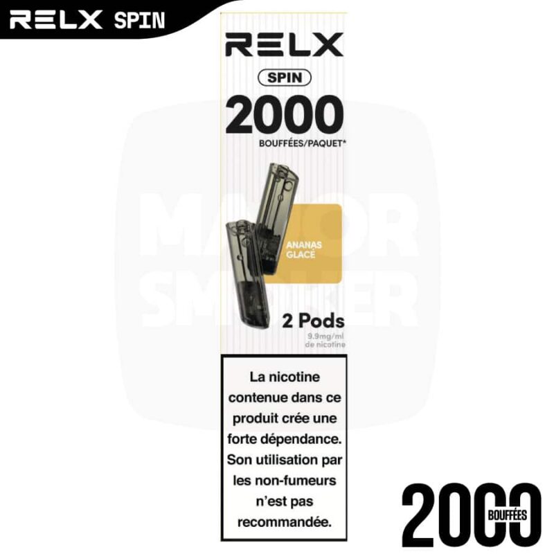 RELX spin Ananas, RELX Spin Pod Ananas glacé bois, Spin RELX ananas glacé, recharge spin, relx 4 en 1, Pod RELX 4 en 1, Pod 4 en 1 Spin, Puff rechargheable RELX Spin pod