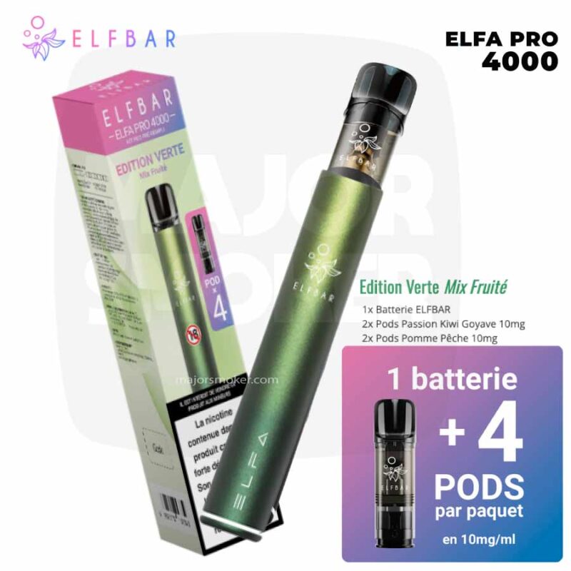 elfbar-elfa-pro-400-Edition-verte-majorsmoker.com elfbar, elfbar recharge, elbar elfa pro, elfa 4000, elfbar elfa 4000, pod elfbar, recharge elfbar, passion kiwi goyave, pomme peche