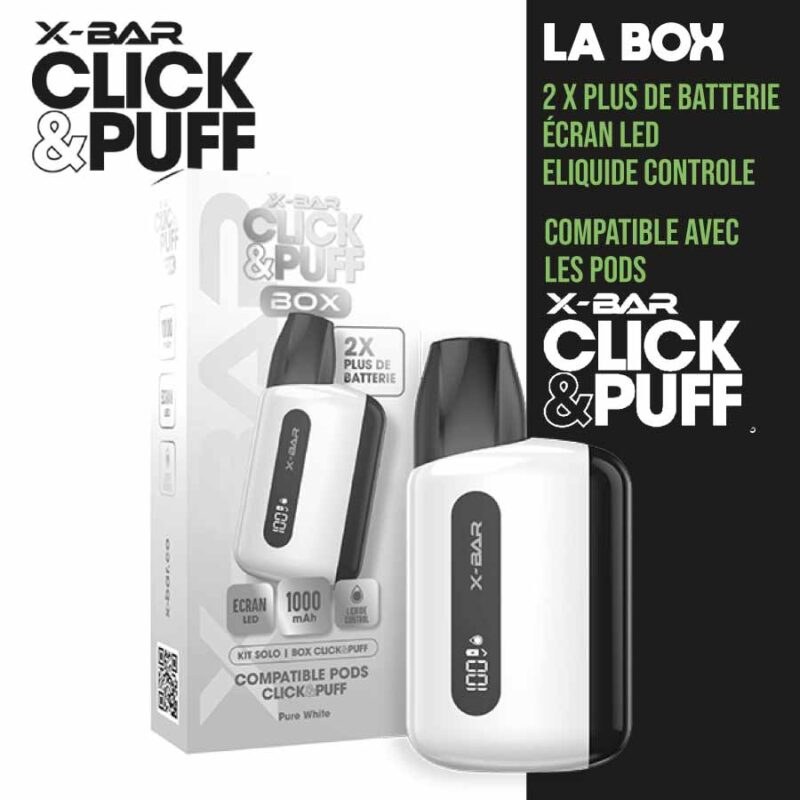 click & puff, click and puff box pure white, batterie click & puff box de x-bar, click & puff box, recharges click & puff, batterie click & puff, batterie click & puff box