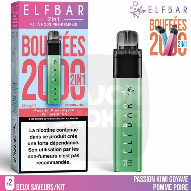 elfbar 2in1, elfbar 2en1, Kit elfbar 2in1, elfbar edition verte 2in1, elfbar 2000 boufée, elfbar 2 in 1 starter kit, elfbar 2 in 1 kit,elfbar 2en1 kit,elfbar kit edition 2 in 1, elfbar 2in1 Passion Kiwi Goyave et pomme poire