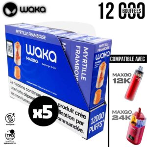 waka maxgo pod myrtille framboise x5, Pod Waka MaxGO myrtille framboise, Cartouche Waka MaxGO framboise myrtille, pod max go en lot, pods waka max go boite