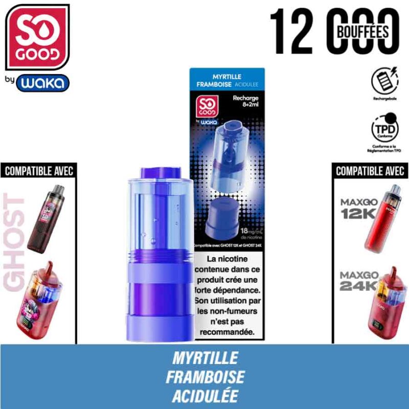 puff waka, waka, so good, puff so good, puff 2 en 1, puff 2en1, recharge waka, pod waka, recharge ghost, pod ghost, pod myrtille framboise acidulée, myrtille framboise acidulée ghost, recharge myrtille framboise acidulée ghost