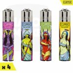 Série de quatre briquets Clipper Classic Large illustrant des figures féminines ailées angéliques et démoniaques.