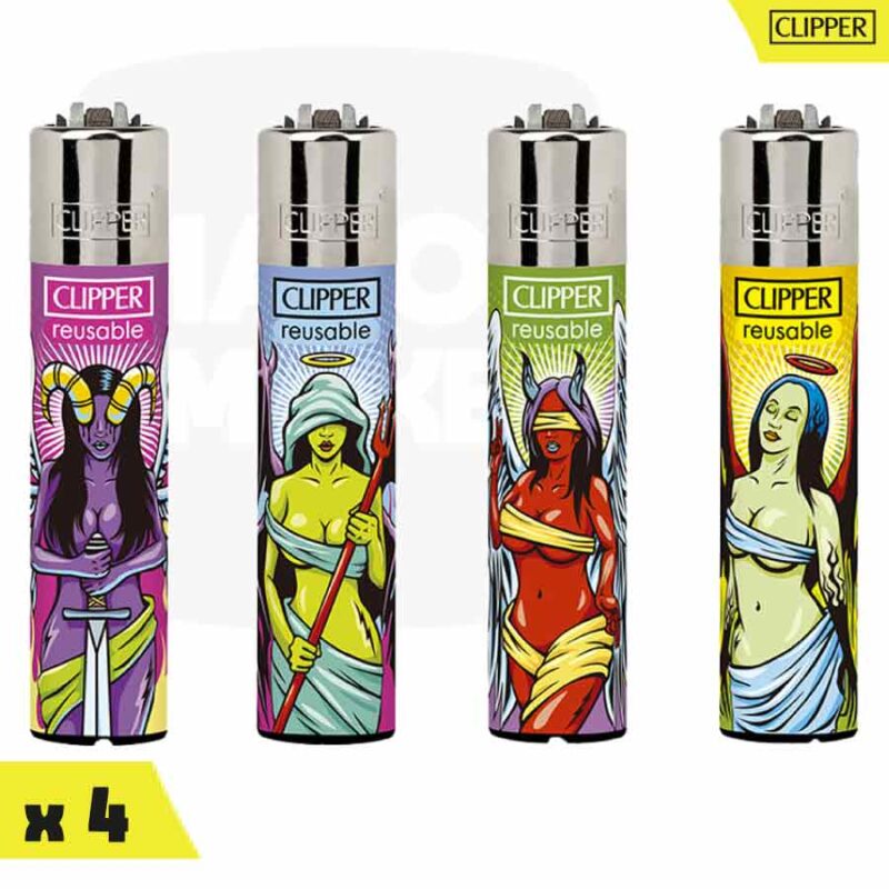Série de quatre briquets Clipper Classic Large illustrant des figures féminines ailées angéliques et démoniaques.