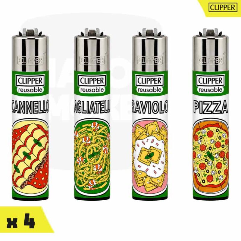 briquet-clipper-CP11-ITALIAN-FOOD-x4-majorsmoker.com Série de quatre briquets Clipper Classic Large illustrant des plats italiens Cannelloni, Tagliatelle, Ravioli et Pizza.
