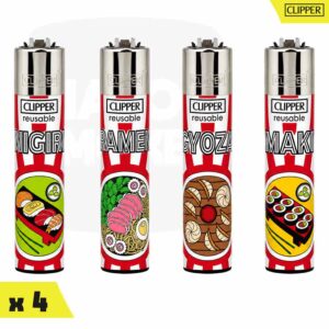Série de quatre briquets Clipper Classic Large illustrant des plats japonais Nigiri, Ramen, Gyoza et Maki.