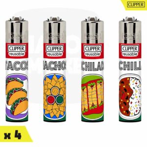 Série de quatre briquets Clipper Classic Large illustrant des spécialités mexicaines Tacos, Nachos, Enchiladas et Chili.