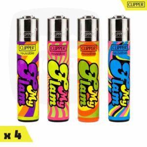 Série de quatre briquets Clipper Classic Large pop et multicolores avec l'inscription Feed My Flame.