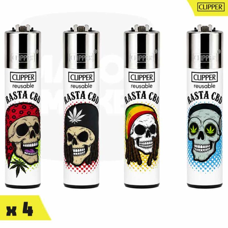 Série de quatre briquets Clipper Classic Large blancs ornés de têtes de mort stylisées et de l'inscription Rasta Culture.