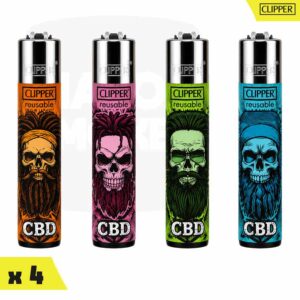 Série de quatre briquets Clipper Classic Large illustrant des crânes barbus colorés avec la mention CBD.