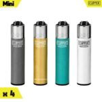 Série de quatre briquets Clipper Mini au revêtement mat doux au toucher gris, or, turquoise et blanc.