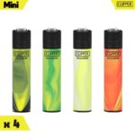 Série de quatre briquets Clipper Mini aux motifs de fluides et de vagues colorées néon.