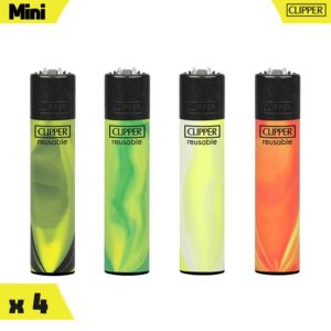 Série de quatre briquets Clipper Mini aux motifs de fluides et de vagues colorées néon.