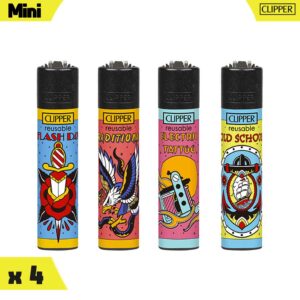 Série de me briquets Clipper Mini illustrant des tatouages traditionnels old school.