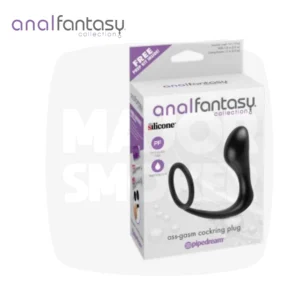 Ass Gasm Anal Fantasy, plug et cockring en silicone noir, emballage du produit
