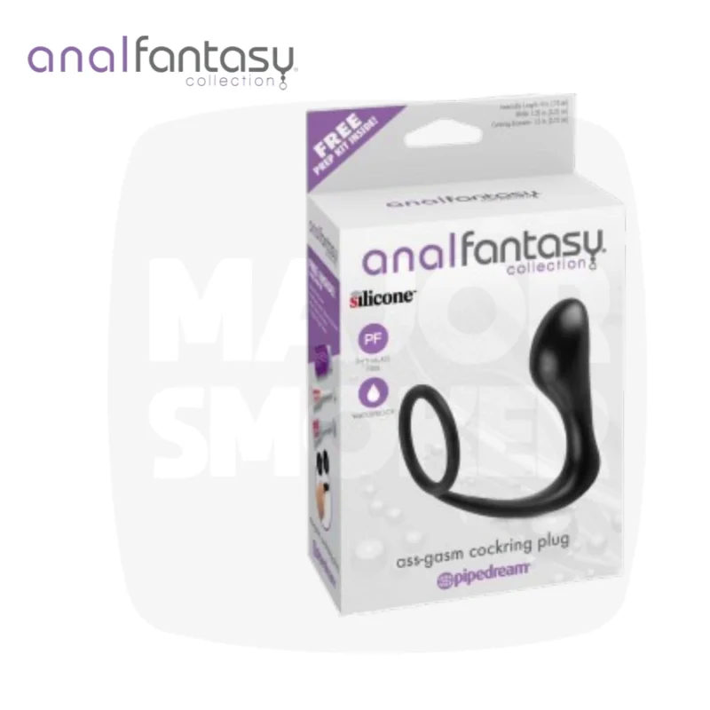 Ass Gasm Anal Fantasy, plug et cockring en silicone noir, emballage du produit