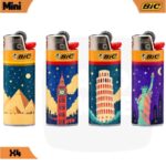 Lot de 4 briquets Bic Mini décors monuments du monde avec les pyramides, Big Ben, la tour de Pise et la statue de la Liberté