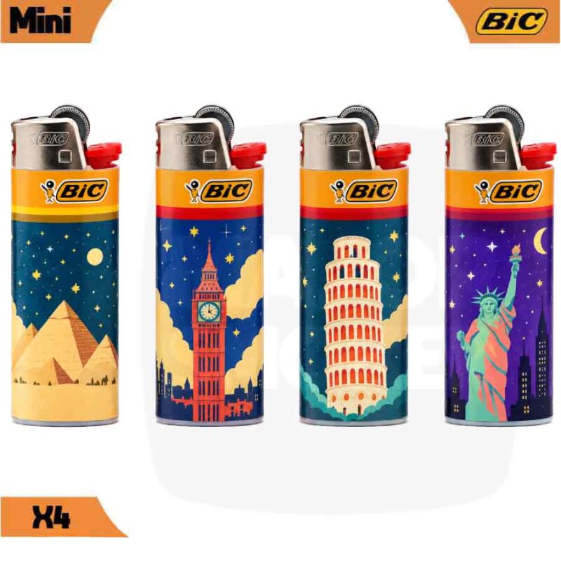 Briquet-Bic-mini-j25-MINI-villes-x4-majorsmoker.com Lot de 4 briquets Bic Mini décors monuments du monde avec les pyramides, Big Ben, la tour de Pise et la statue de la Liberté