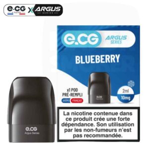Pod pré-rempli e-CG Argus saveur Blueberry (myrtille) avec une contenance de 2ml et un taux de nicotine de 10mg.
