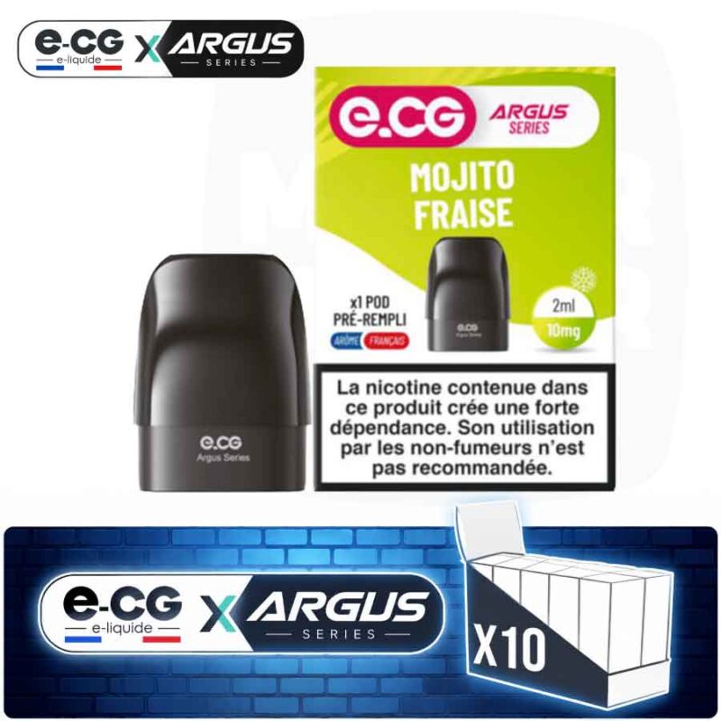 ECG-POD-ARGUS-x10-mojito-fraise-majorsmoker.com- Lot de 10 pods pré-remplis e-CG Argus saveur Mojito Fraise, contenance 2ml
