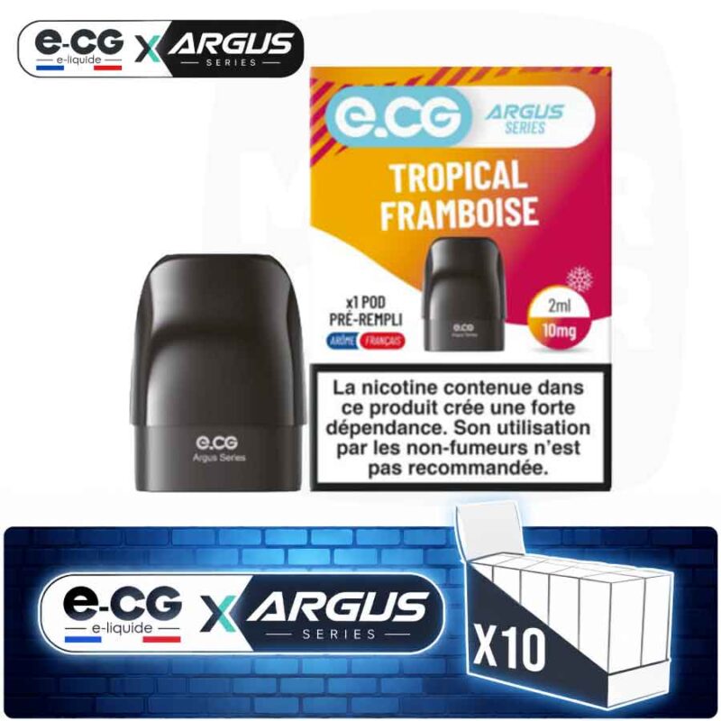 Lot de 10 pods pré-remplis e-CG Argus saveur Tropical Framboise, contenance 2ml