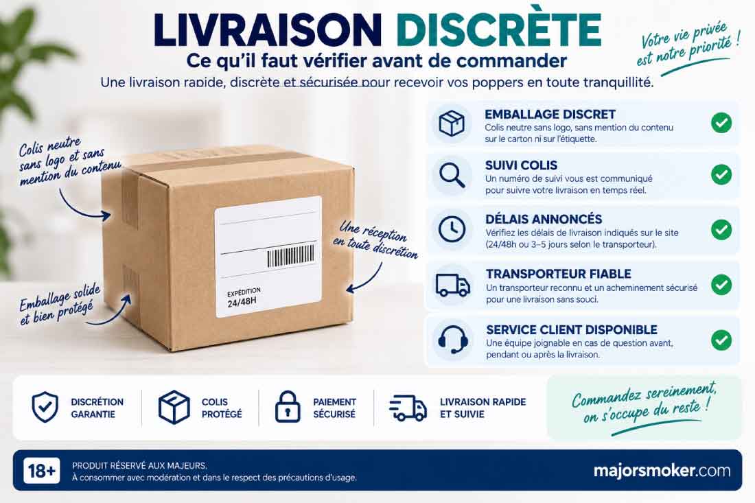 Infographie sur la livraison discrète de poppers : points de contrôle incluant l'emballage neutre, le suivi de colis et le choix d'un transporteur fiable