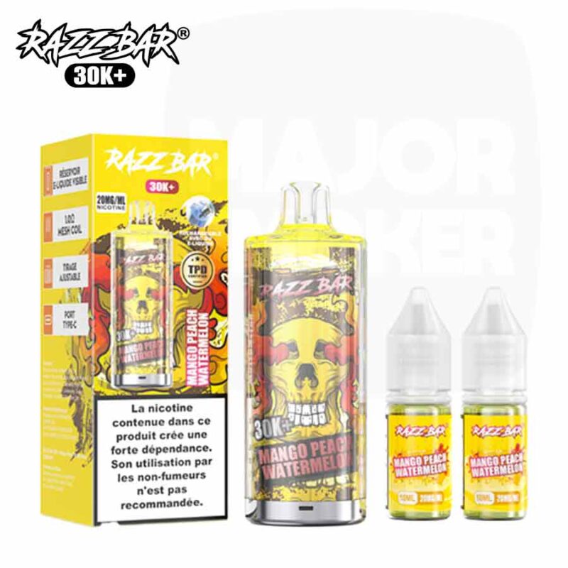 PUFF-RAZZBAR-30K-mango-peach-watermellon-majorsmoker.com- Puff Razzbar 30K Mango Peach Watermelon - Kit complet