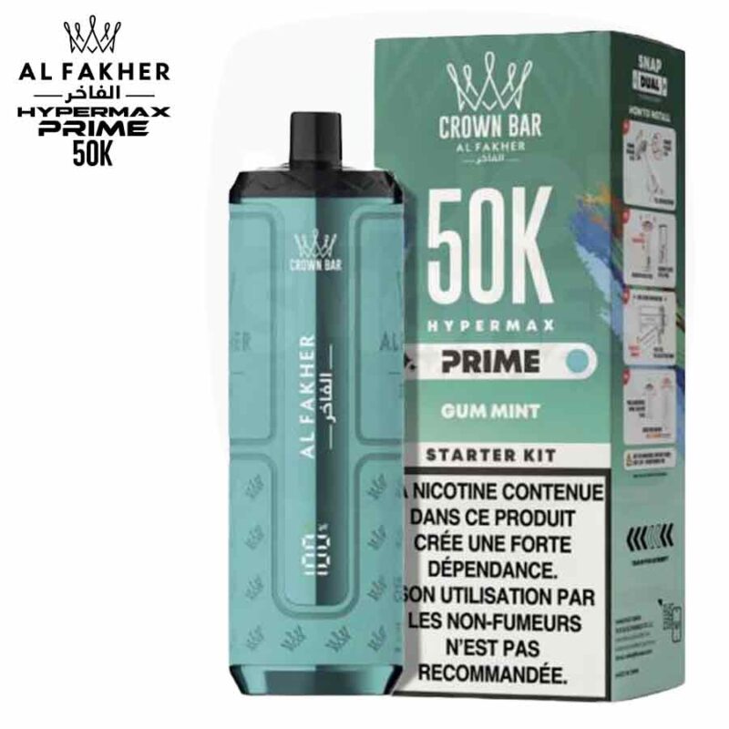 Puff-Crown-Bar-HyperMax-Prime-50K-Gum-Mint-10-ml-_-Al-Fakher Pod Al Fakher Crown Bar Hypermax Prime 50K saveur Gum Mint avec sa boîte de kit de démarrage
