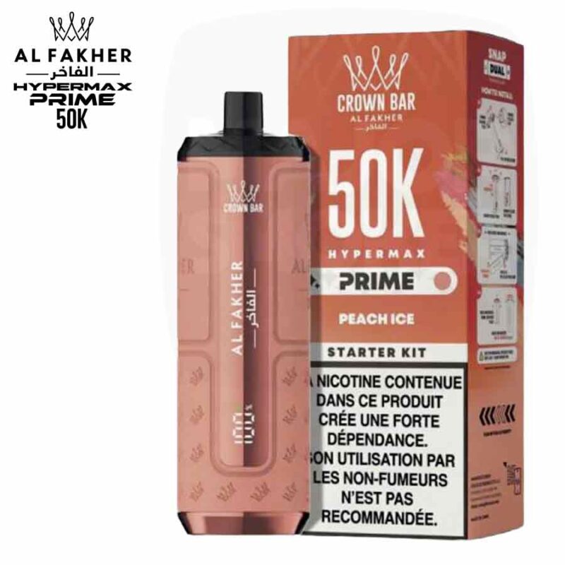 Puff rechargeable Al Fakher Crown Bar 50K Hypermax Prime saveur Peach Ice