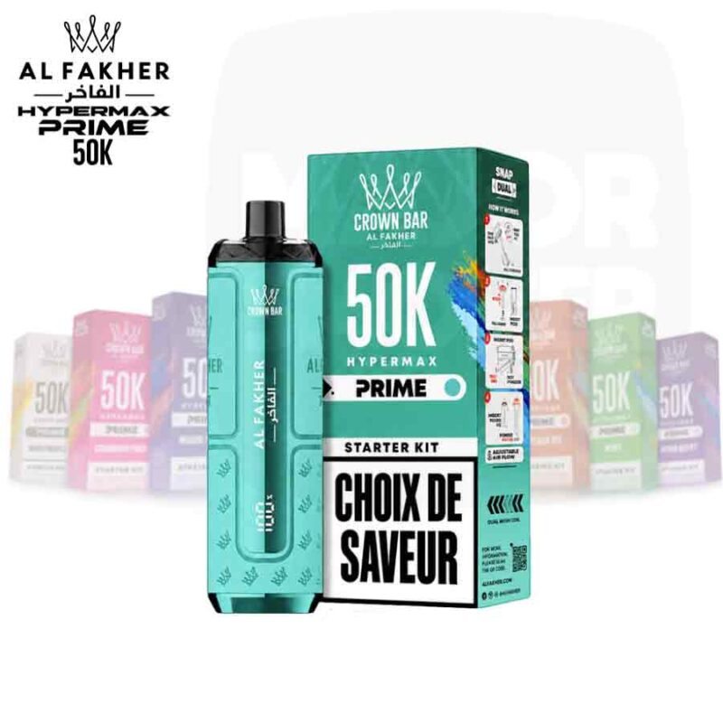 Kit de démarrage Al Fakher Crown Bar Hypermax Prime 50K avec sa boîte et sa e-cigarette turquoise