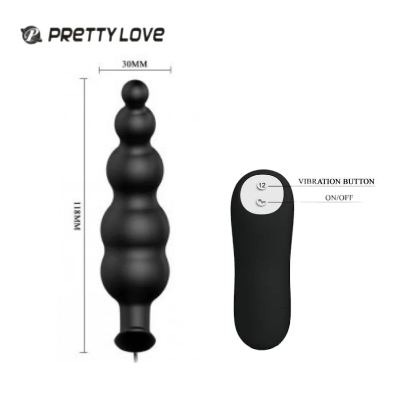 Stimulateur de prostate Pretty Love et sa télécommande, dimensions 118 x 30 mm