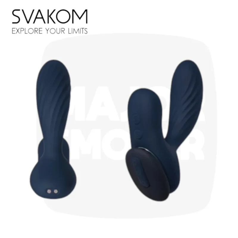 Stimulateur de prostate Vick Neo 2 SVAKOM et sa télécommande, deux angles de vue