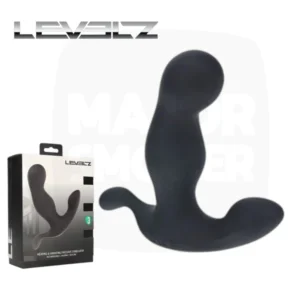 Stimulateur de prostate Warmeez Levelz avec son emballage, silicone noir 10 x 3,6 cm
