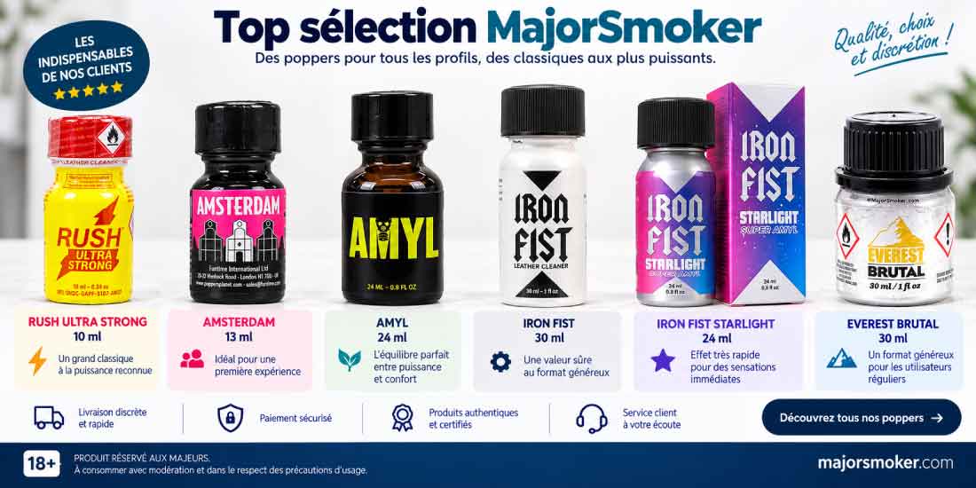 Sélection des meilleurs poppers phares de MajorSmoker incluant Rush, Amsterdam, Amyl, Iron Fist et Everest Brutal