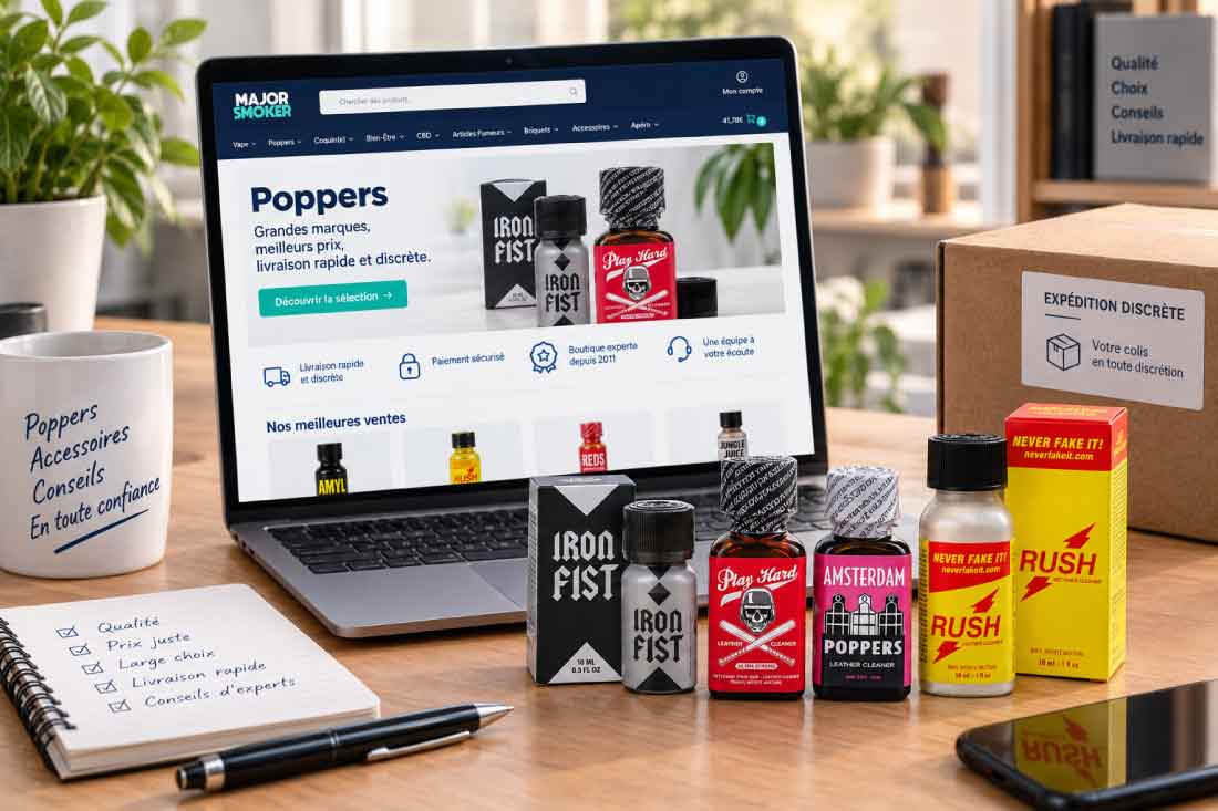 Photo de contrôle qualité et de conformité pour des flacons de poppers (Iron Fist, Amsterdam, Rush) avec vérification de l'étiquetage et colis d'expédition neutre