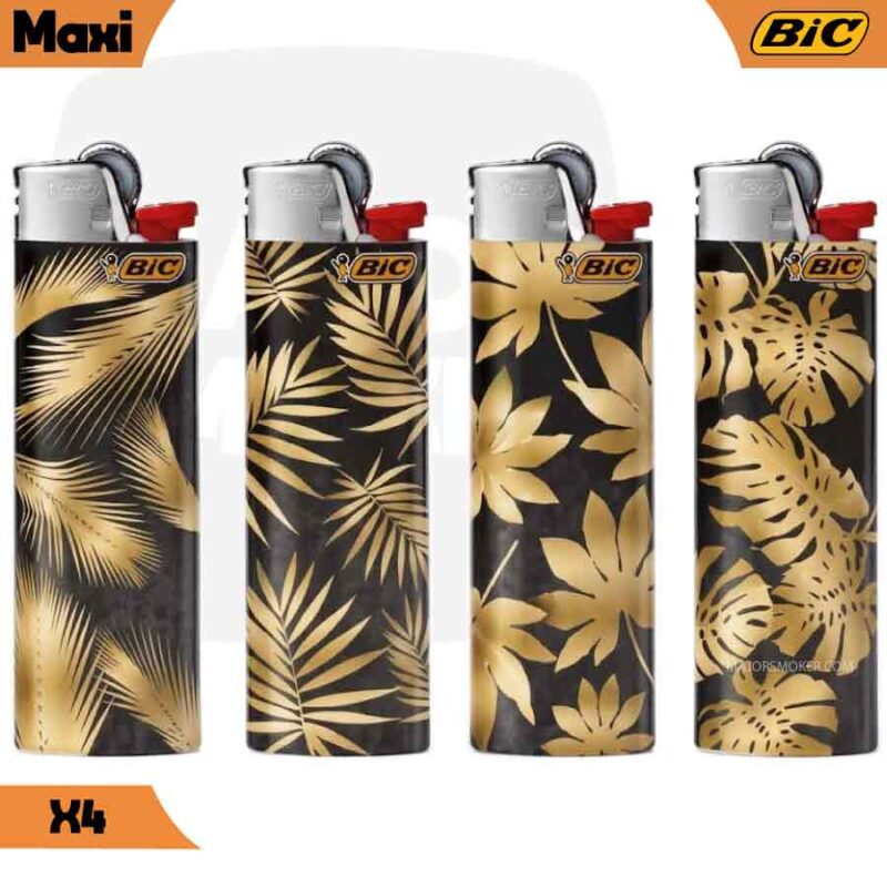 Lot de 4 briquets BIC Maxi élégants "Gold Leaves" avec des motifs de feuillages tropicaux dorés sur fond noir