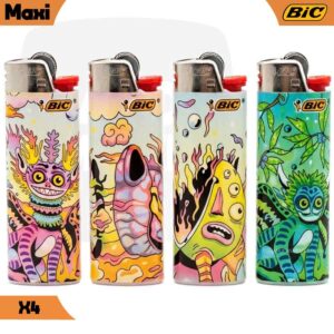 Lot de 4 briquets BIC Maxi au design coloré et fantastique "Magic Creatures" avec des illustrations de monstres et créatures imaginaires