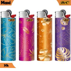 Lot de 4 briquets BIC Maxi Tropical Gold avec motifs de feuilles dorées