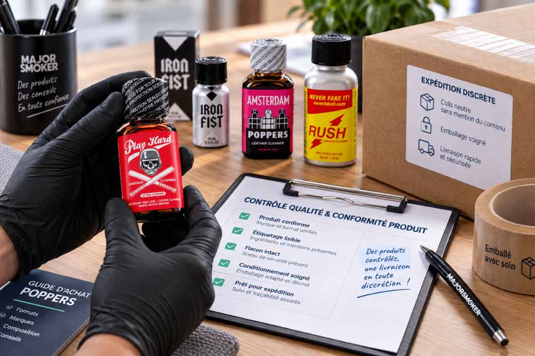 Ordinateur portable affichant la boutique en ligne MajorSmoker avec des flacons de poppers et un carnet de notes listant les garanties d'achat