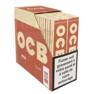 Boîte présentoir bordeaux contenant 50 carnets de feuilles Slim OCB Rice.