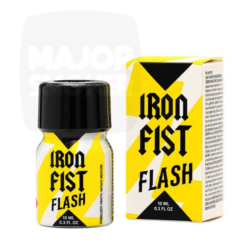Flacon Iron Fist Flash 10 ml à étiquette jaune et blanche, présenté avec sa boîte
