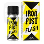 Flacon aluminium Iron Fist Flash 24 ml à étiquette jaune et noire, présenté avec sa boîte