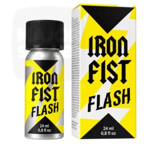 Flacon aluminium Iron Fist Flash 24 ml à étiquette jaune et noire, présenté avec sa boîte