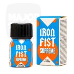 Petit flacon Iron Fist Supreme 10 ml à étiquette bleue et orange, à côté de sa boîte